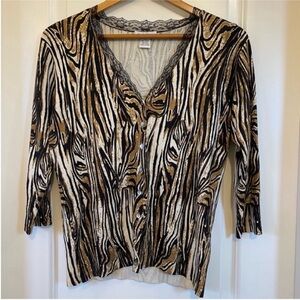 Gabriella Rossi silk blend animal print lace trim 3/4 sleeve cardigan, size S